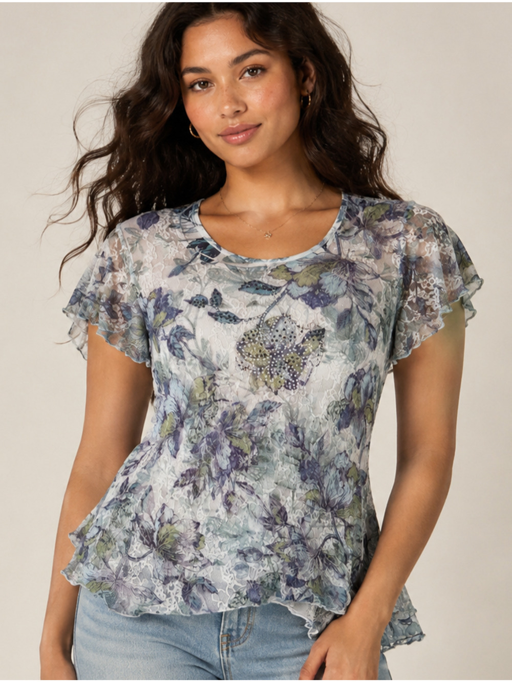DressBarn Y2K Lace Floral Butterfly Rhinestone Fairycore Whimsy Top Small